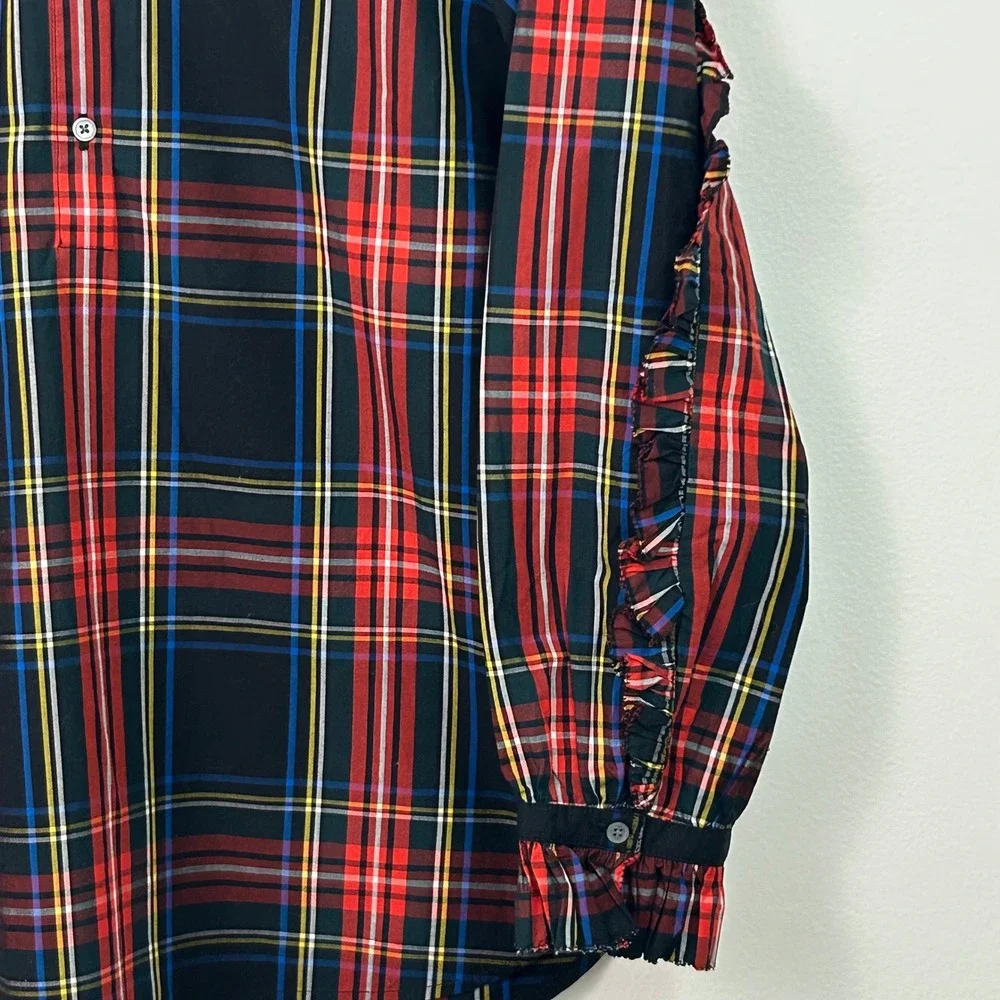 NWT J.Crew Classic Fit Ruffle Popover Black Stewart‎ Tartan Plaid Womens Small